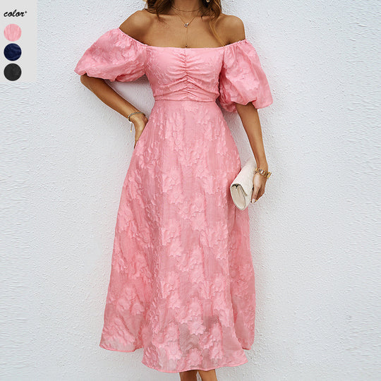Damen Maxikleid mit schulterfreiem Design und voluminösen Puffärmeln EB