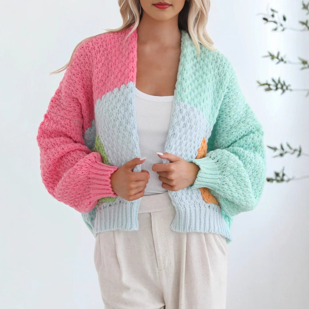 Damen kuschelige Strickjacke mit oversized Ärmeln und Farbkombination EB