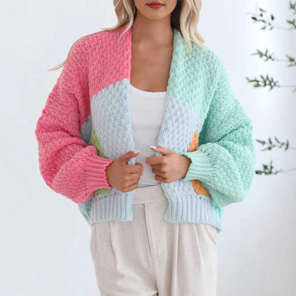 Damen kuschelige Strickjacke mit oversized Ärmeln und Farbkombination EB
