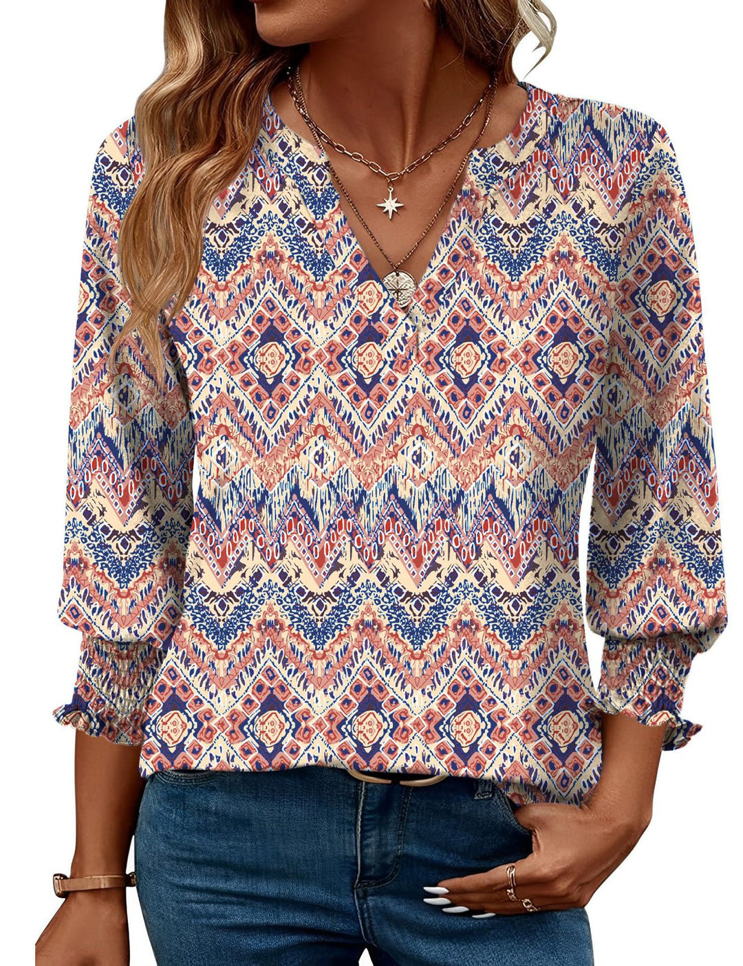 Damen modische Bluse mit verspieltem Paisleymuster und Rüschendetails EB