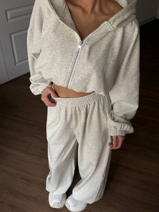 Damen Cropped-Zip-Hoodie und weite High-Waist-Loungehose Zweiteiler EB