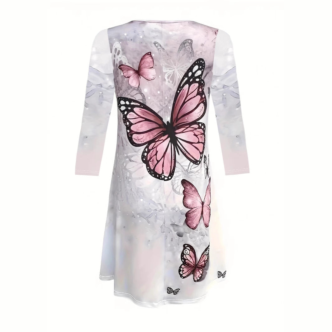 Damen Freizeitkleid mit floralem Schmetterlingsdesign und lockerer Passform EB