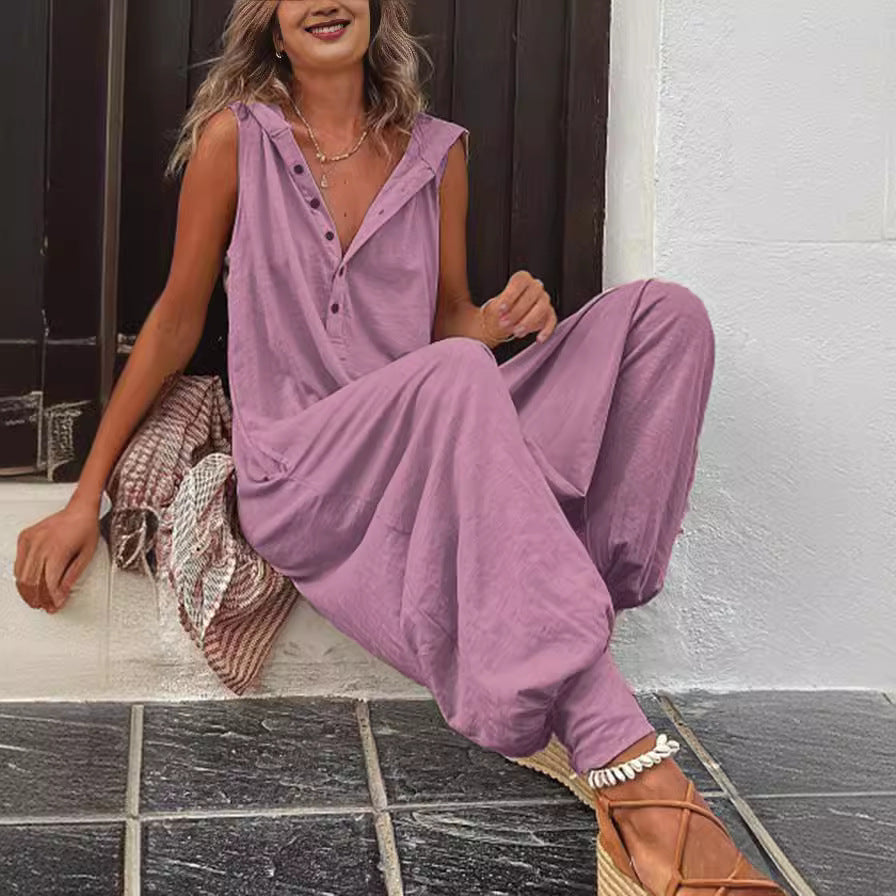 Damen Lässiger Jumpsuit mit Kapuze und Knopfdetails EB