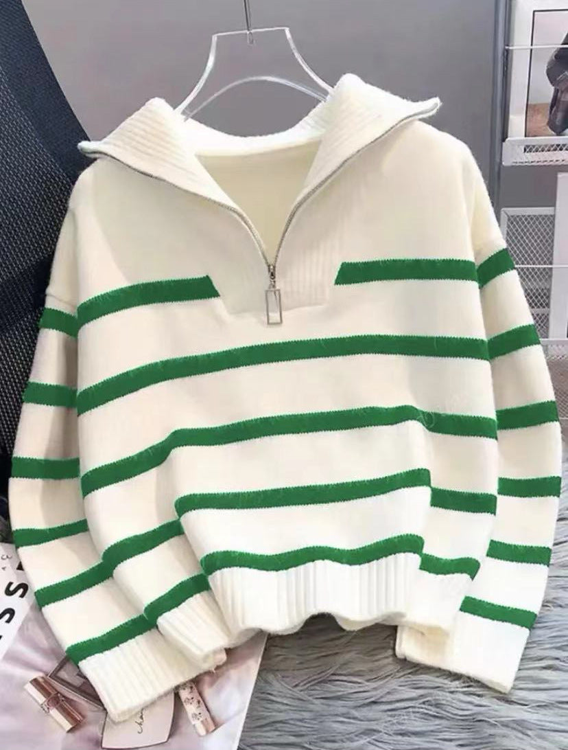 Damen Gestreifter Halb-Reißverschluss Strickpullover mit Rippenkragen EB