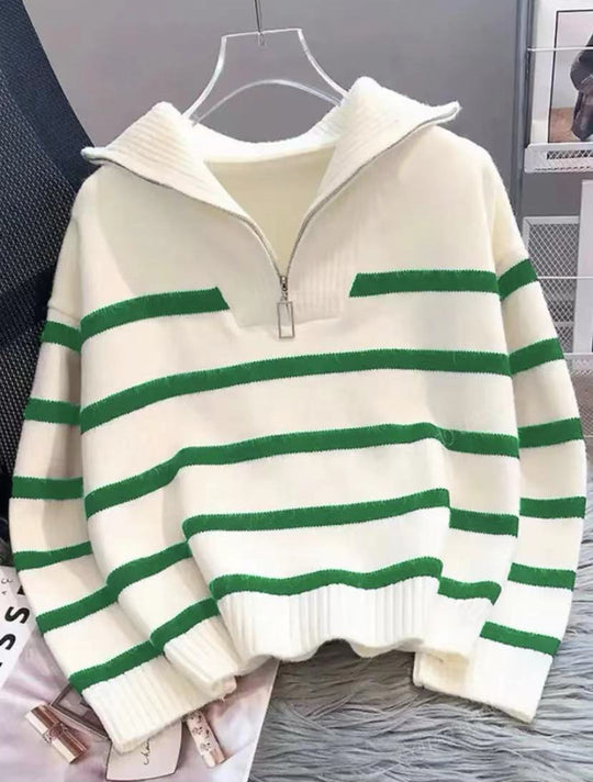 Damen Gestreifter Halb-Reißverschluss Strickpullover mit Rippenkragen EB