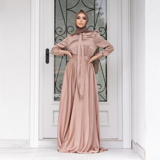 Damen Maxi-Kleid mit fließenden Ärmeln und elegantem Taillengürtel EB