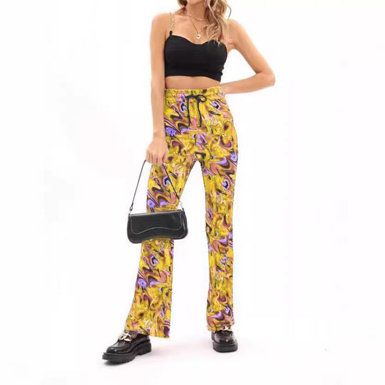Damen weite Palazzo-Hose mit modischem Wellenmuster und elastischem Bund EB