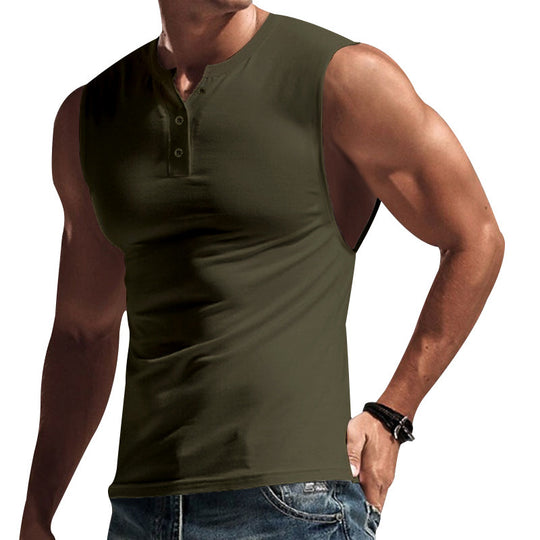 Herren nan ärmelloses Muskelshirt mit Henley-Knopfleiste, tiefem Armausschnitt und elastischem Baumwollmix EB