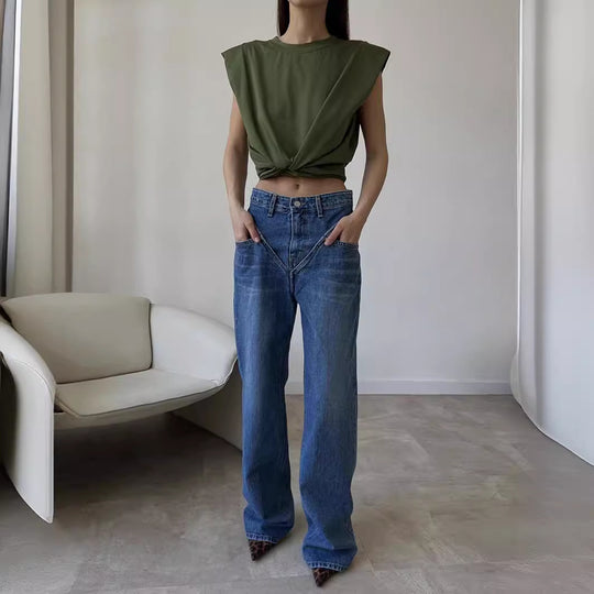Damen nan hochgeschnittene weite Denim-Hose mit V-förmiger Bundnaht und extra-langem Bein EB
