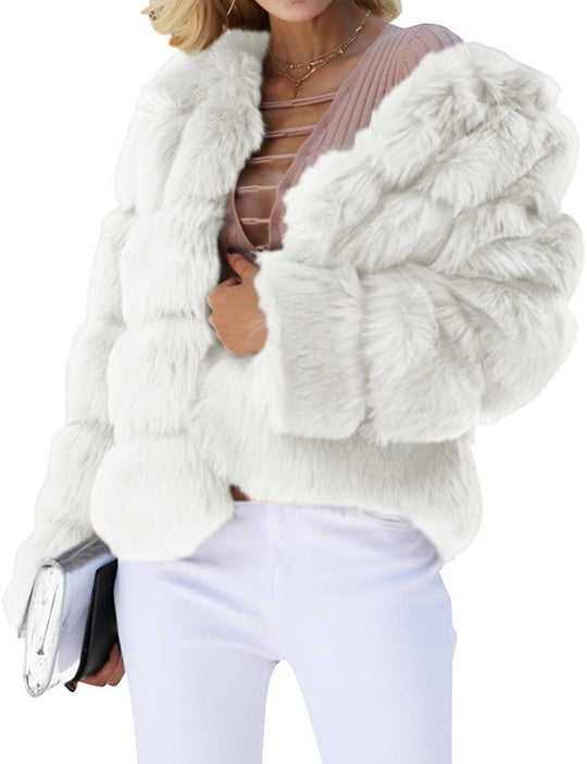 Damen Flauschige Kunstpelzjacke mit voluminösen Ärmeln und elegantem Schnitt EB