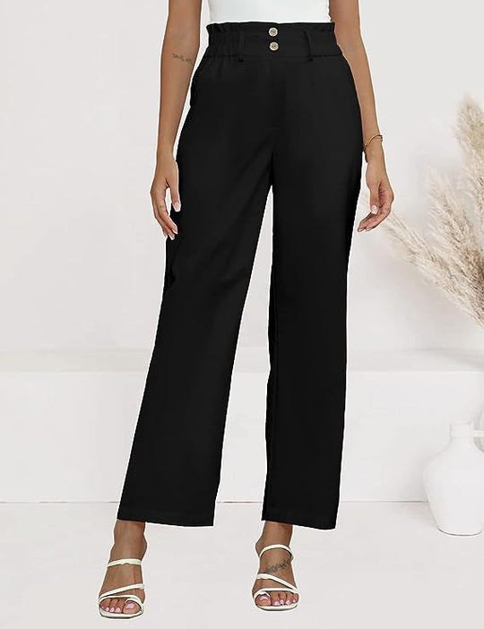 Damen weite Stoffhose mit elastischem Bund und modischen Knopfdetails EB