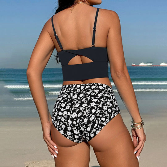 Damen Hochtailliertes Bikini-Set mit elegante Crop-Top und floralem Unterteil EB