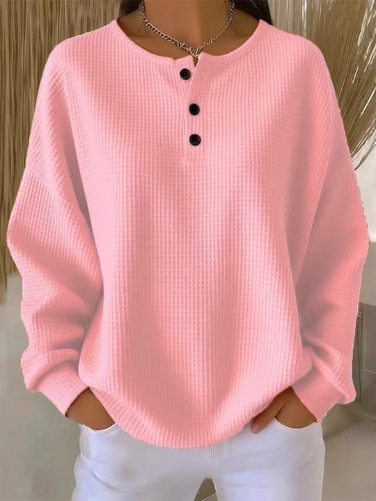 Damen nan Oversized Waffelstrick Henley-Pullover mit Knopfleiste und abgerundetem Saum EB