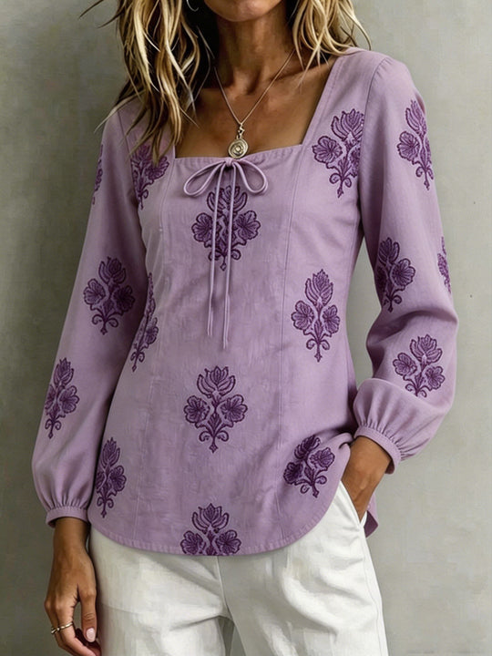 Damen Bestickte Tunika-Bluse mit quadratischem Ausschnitt und femininen Ballonärmeln EB