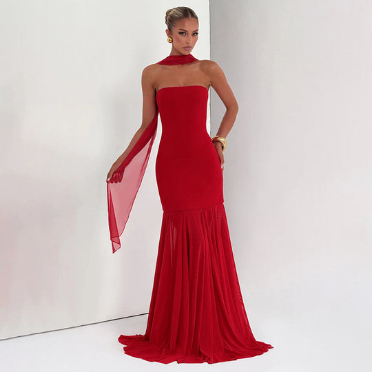 Damen Elegantes Abendkleid mit transparenten Drapierungen EB