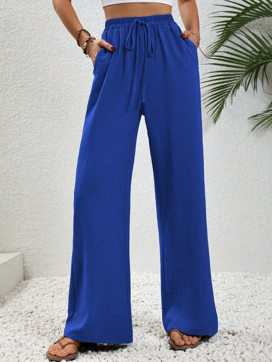 Damen weite Palazzo-Hose mit elastischem Bund und seitlichen Taschen EB