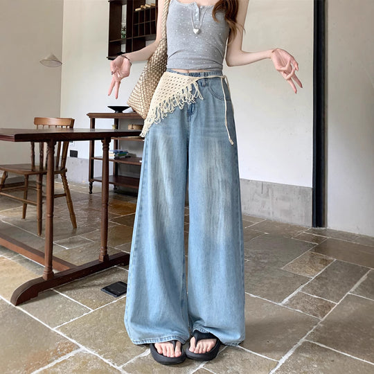 Damen Weite Jeanshose mit fransigem Gürtel EB