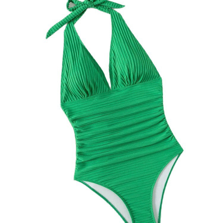 Damen Einteiler Badeanzug mit tiefem V-Ausschnitt und eleganten Rippendetails EB