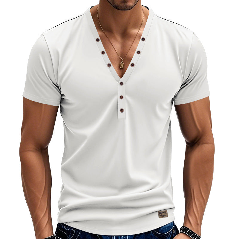 Herren Kurzarm Henley-T-Shirt mit modischem V-Ausschnitt und dekorativen Knöpfen EB