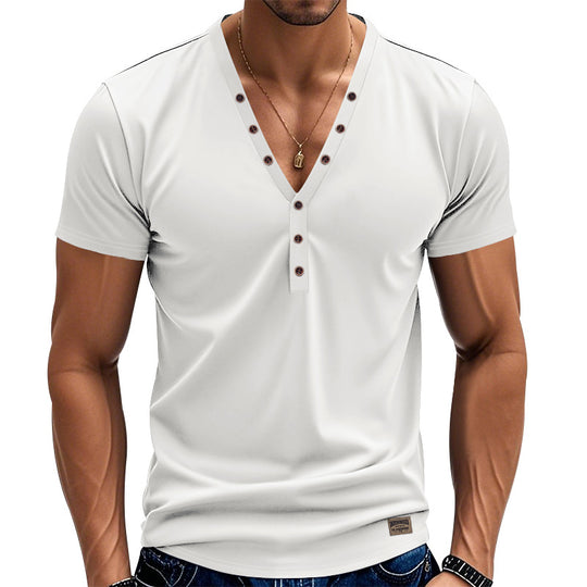 Herren nan tailliertes Kurzarm-Henleyshirt aus Baumwoll-Elasthan mit tiefem V-Ausschnitt und dekorativer Knopfleiste EB