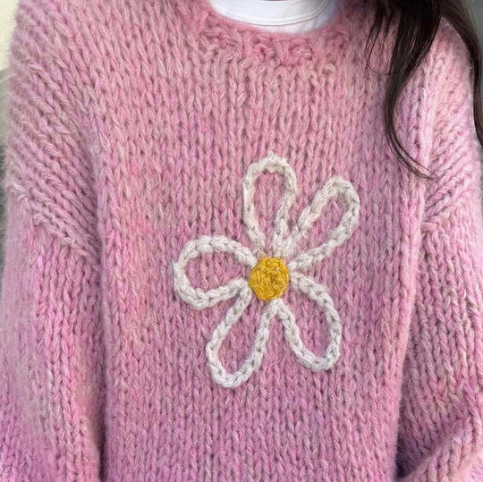 Damen lässiger Strickpullover mit floralem Motiv und oversized Schnitt EB
