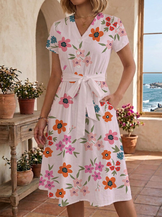 Damen lässiges Maxikleid mit taillierbarem Knoten und dekorativem Karomuster EB