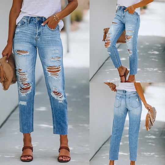 Damen Hohe Taillierte Ripped Jeans im modernen Straight-Leg Schnitt EB