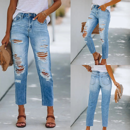 Damen Hohe Taillierte Ripped Jeans im modernen Straight-Leg Schnitt EB