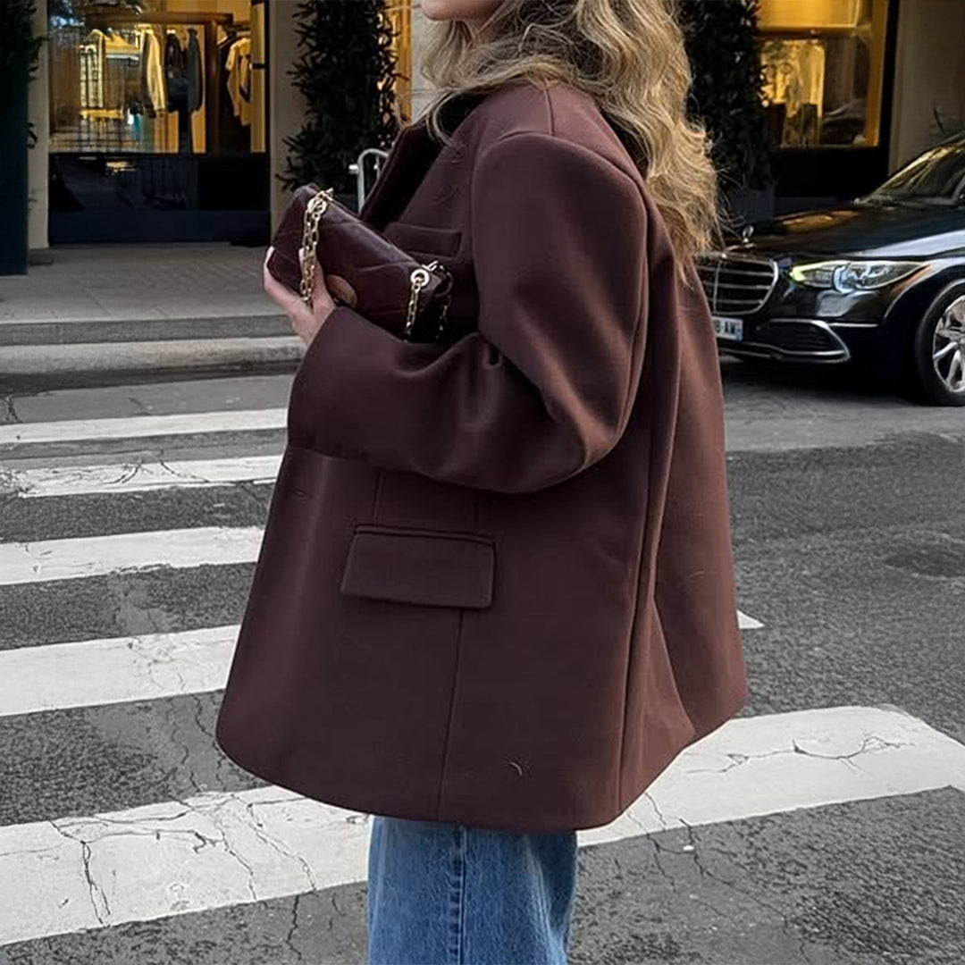 Damen nan oversized Longblazer mit kastigem Schnitt, Reverskragen, gefütterten Pattentaschen und strukturierter Wollmischung EB