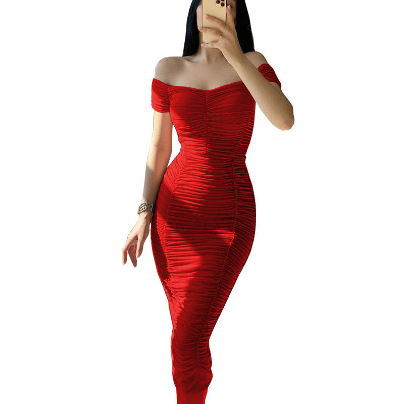 Damen figurbetontes Minikleid mit schulterfreiem Schnitt und Raffung EB