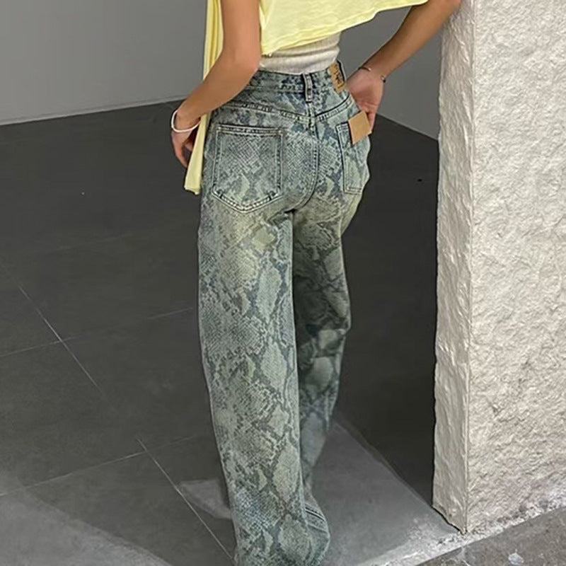 Damen nan hochgeschnittene Jeans mit Schlangenprint, weitem Bein und geradem Schnitt EB