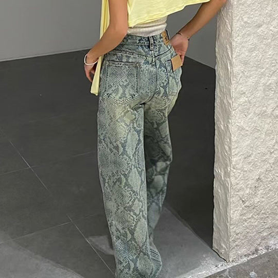 Damen nan hochgeschnittene Jeans mit Schlangenprint, weitem Bein und geradem Schnitt EB