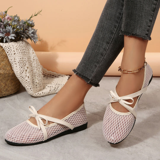 Damen Netz-Ballerinas mit elastischem Riemen und dekorativem Schleifendetail EB
