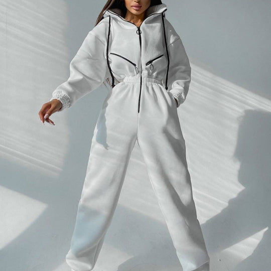 Damen taillierter Kapuzen-Jumpsuit mit elastischem Bund und markanten Kontrast-Reißverschlüssen EB