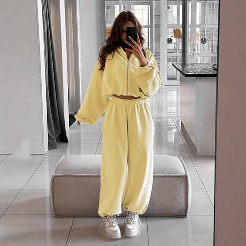 Damen nan oversized Kapuzenjacke mit durchgehendem Reißverschluss und Highwaist Gummibund-Jogginghose Set EB