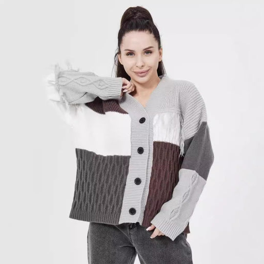 Damen grob gestrickter Cardigan mit modischem Farbblockdesign und Knopfleiste EB