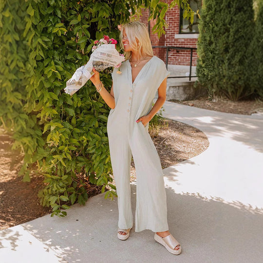 Damen Weitgeschnittener Jumpsuit mit Knopfleiste und Taschen EB