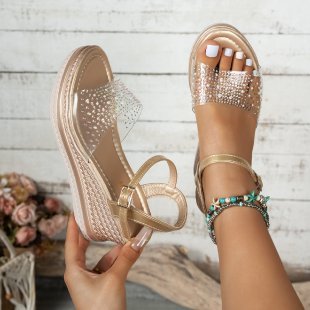 Damen Glamouröse Plateau-Sandalen mit transparenten Riemen und Strass-Applikationen EB