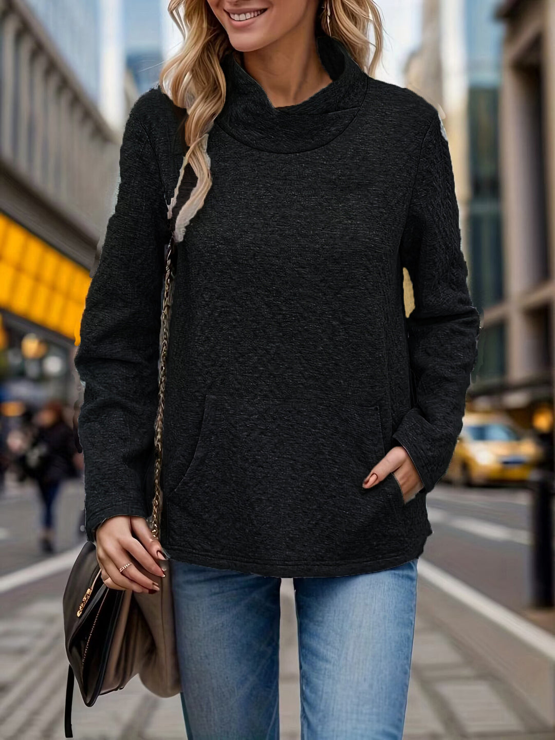 Damen lässiger Pullover mit hohem Kragen und Taschen EB