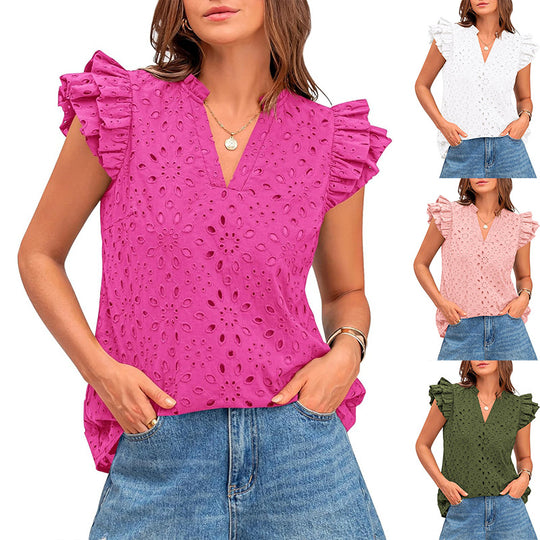 Damen Bluse mit Rüschenärmel und floralem Lochmuster EB