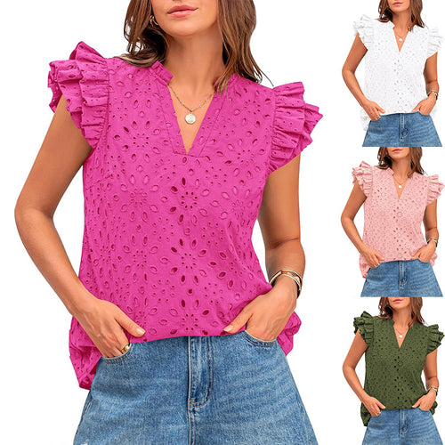 Damen Bluse mit Rüschenärmel und floralem Lochmuster EB