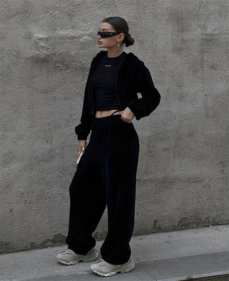 Damen nan Samt-Trainingsanzug zweiteilig mit cropped Kapuzenjacke und hoher Taille Jogginghose EB