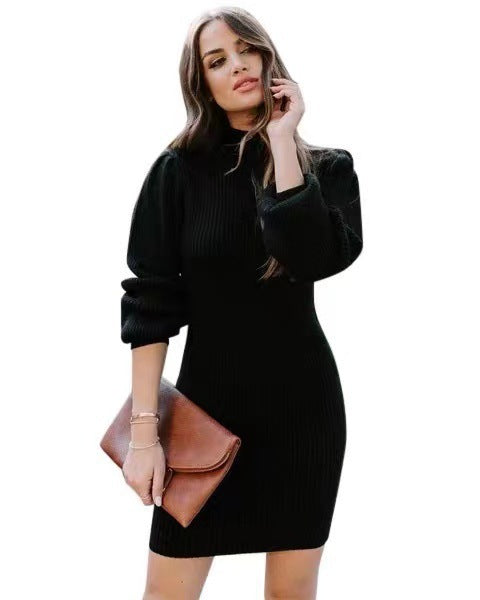Damen Strickkleid mit hohem Kragen und Puffärmeln EB