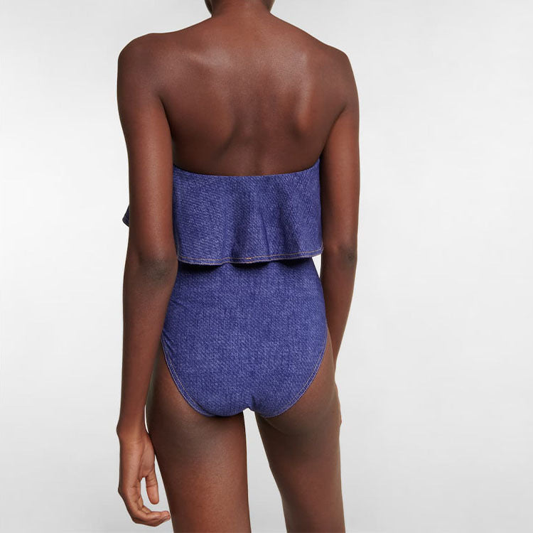 Damen Bandeau Badeanzug mit dekorativen Schleifen und gestreiftem Maxiröckchen EB