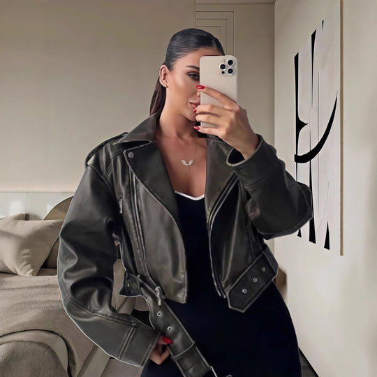 Damen cropped Kunstlederjacke mit asymmetrischem Reißverschluss und weichem Innenfutter EB
