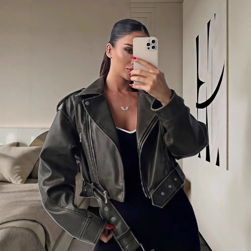 Damen cropped Kunstlederjacke mit asymmetrischem Reißverschluss und weichem Innenfutter EB