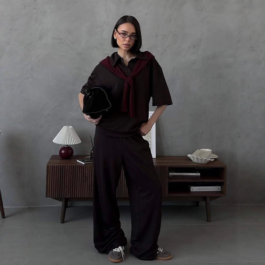 Damen Loungewear-Set mit offenem Polokragen und weiter Komforthose EB