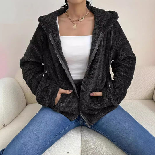 Damen kuschelige Fleecejacke mit Kapuze und seitlichen Taschen EB