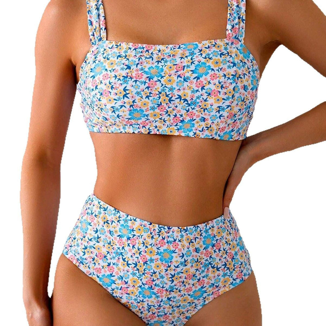 EB | Damen Hoch Tailliertes Bikini-Set mit Floralen Mustern und Breiten Trägern