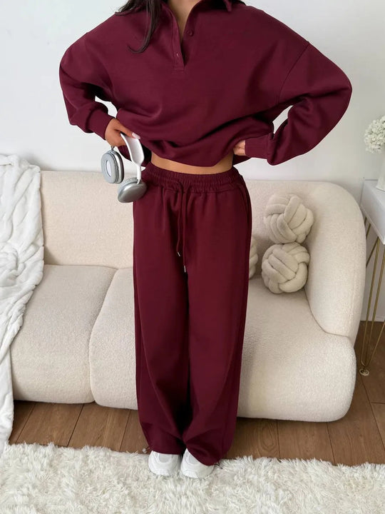 Damen bequemer Polopullover und entspannte Hose Set EB